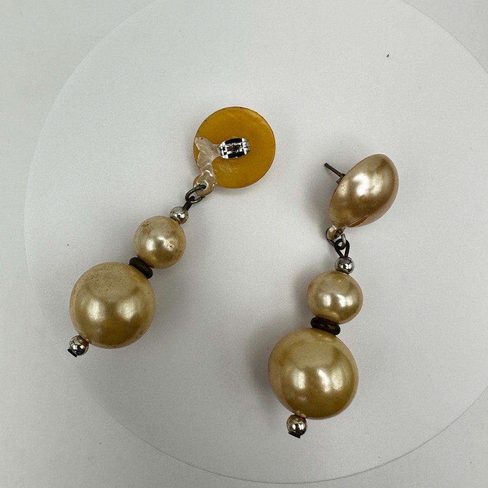 Vintage 80s Faux Pearl Drop Earrings Cream Graduated Bead Statement Dangle Retro - Picture 8 of 12